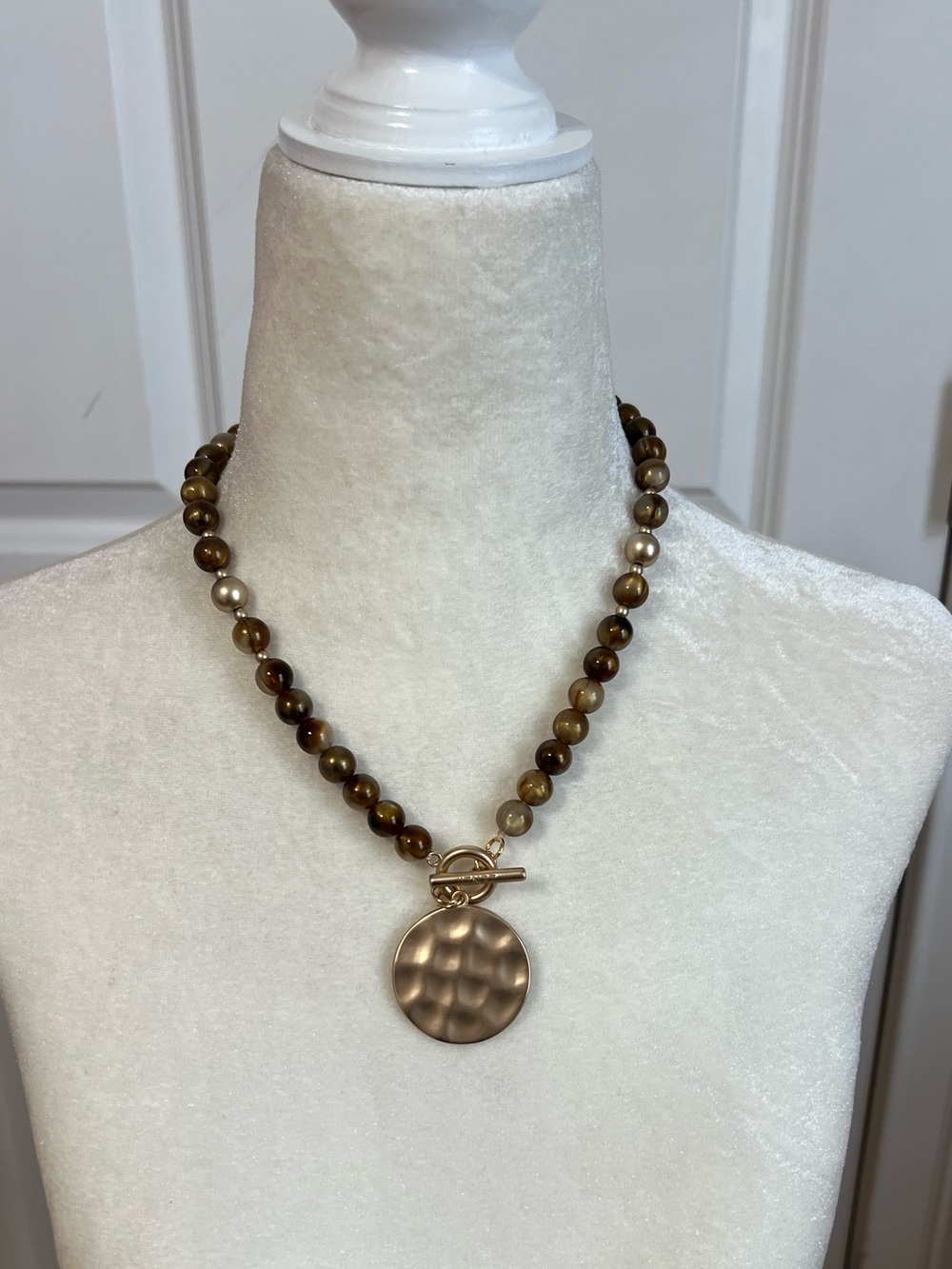 Gold-Tone Beaded Disc Necklace in Brown and Gold